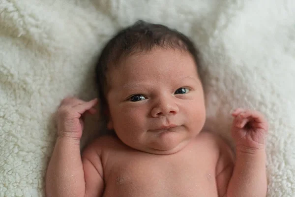 Cute Naked Newborn Baby Lies White Blanket Stockfoto