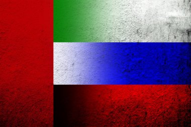 Ulusal Rusya Federasyonu bayrağı ve Birleşik Arap Emirlikleri bayrağı. Grunge arkaplanı