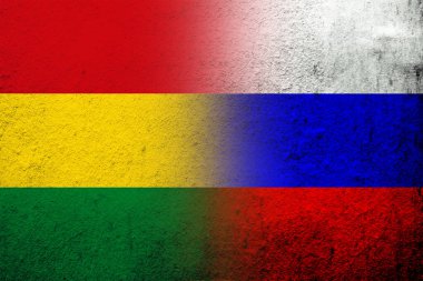 Rusya Federasyonu Ulusal Bayrağı ve Çokuluslu Bolivya Devleti Ulusal Bayrağı. Grunge arkaplanı