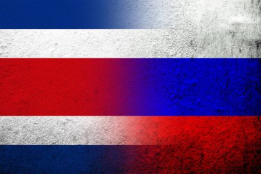 Kosta Rika Ulusal Bayrağı taşıyan Rusya Federasyonu Ulusal Bayrağı. Grunge arkaplanı