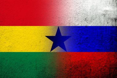 National flag of Russian Federation with The Republic of Ghana National flag. Grunge background