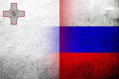 Malta Ulusal Bayrağı ile Rusya Federasyonu Ulusal Bayrağı. Grunge arkaplanı