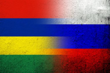 Mauritius Ulusal Bayrağı ile Rusya Federasyonu Ulusal Bayrağı. Grunge arkaplanı