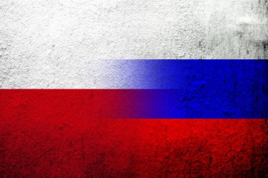Rusya Federasyonu 'nun ulusal bayrağı ve Polonya Cumhuriyeti ulusal bayrağı. Grunge arkaplanı