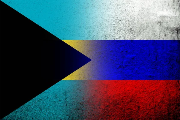 Ryska Federationens Nationalflagga Med Bahamas Nationalflagga Grunge Bakgrund — Stockfoto
