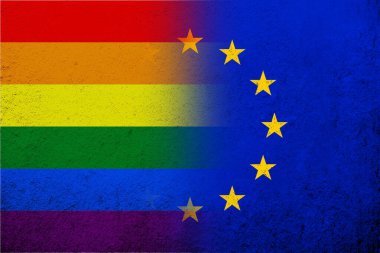Gökkuşağı LGBT gurur bayrağıyla Avrupa Birliği bayrağı. Grunge arkaplanı