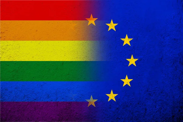 欧盟旗帜与彩虹Lgbt骄傲旗 Grunge Background — 图库照片