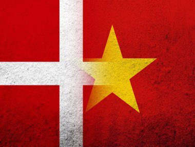 Ulusal Vietnam Sosyalist Cumhuriyeti bayrağıyla Danimarka Krallığı. Grunge Arkaplanı