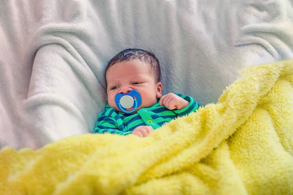Cute Newborn Boy Toddler Lies His Crib Cover Blanket Pacifier —  Fotos de Stock