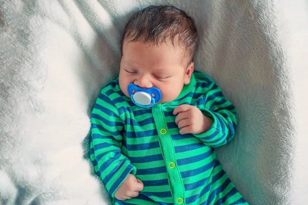 Portrait Newborn Baby Boy Who Sleeps Pacifier His Mouth — Foto Stock