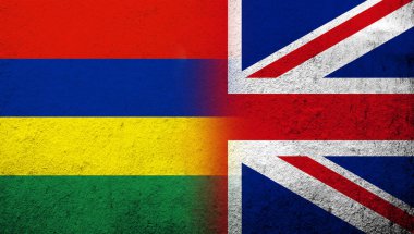 National flag of United Kingdom (Great Britain) Union Jack with The Republic of Mauritius National flag. Grunge background