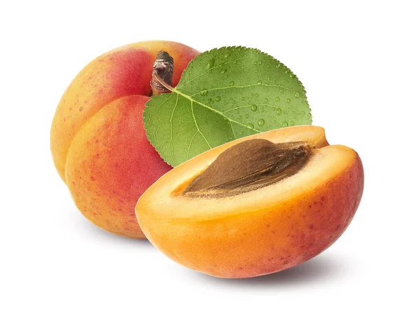 Frische Rohe Süße Aprikose Mit Grünen Blättern Auf Weißem Hintergrund — Stockfoto