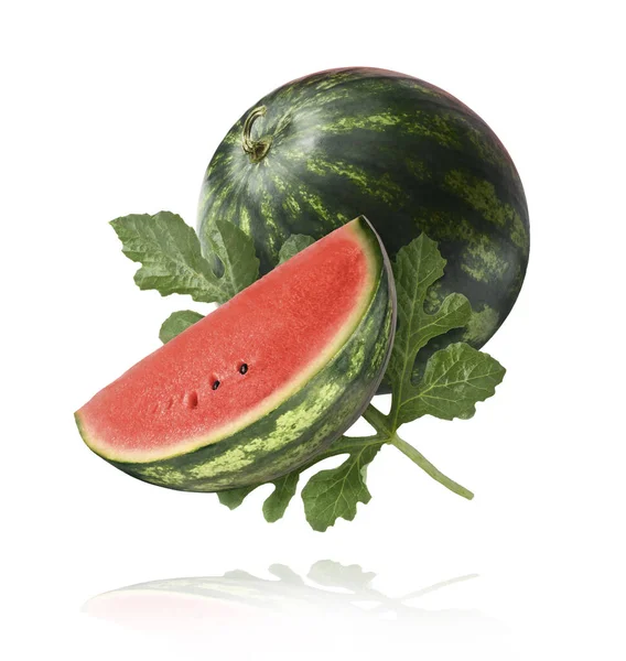 Fresh Raw Watermelon Falling Air Isolated White Background Food Levitation — Stockfoto