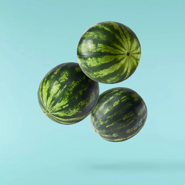 Fresh Raw Watermelon Falling Air Isolated Blue Background Food Levitation — 스톡 사진