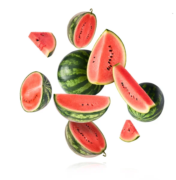 Fresh Raw Watermelon Falling Air Isolated White Background Food Levitation — Stockfoto