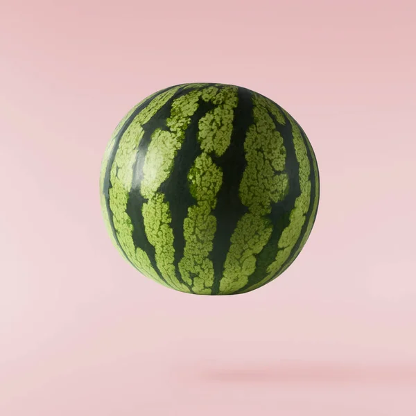 Fresh Raw Watermelon Falling Air Isolated Pink Background Food Levitation — Fotografia de Stock