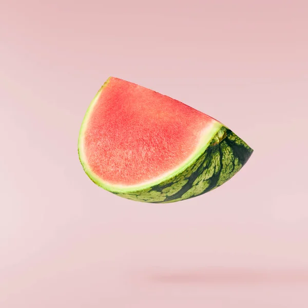 Fresh Raw Watermelon Falling Air Isolated Pink Background Food Levitation — 스톡 사진