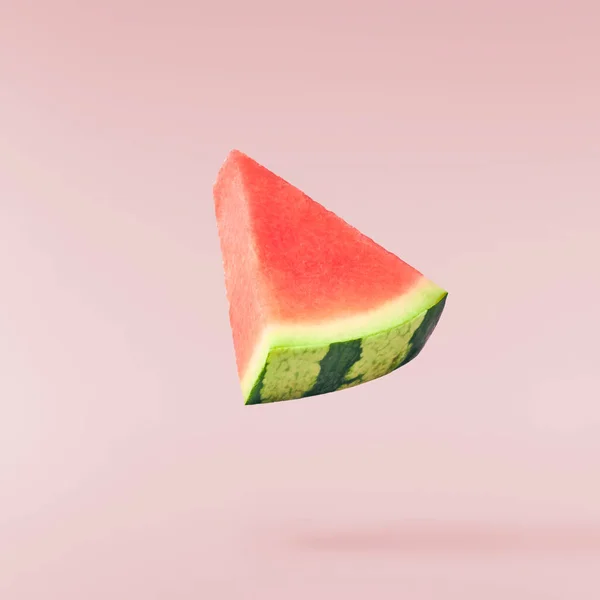 Fresh Raw Watermelon Falling Air Isolated Pink Background Food Levitation — 스톡 사진