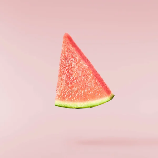 Fresh Raw Watermelon Falling Air Isolated Pink Background Food Levitation — Zdjęcie stockowe