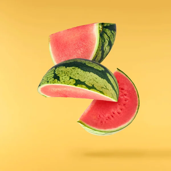 Fresh Raw Watermelon Falling Air Isolated Yellow Backgeound Food Levitation — 스톡 사진