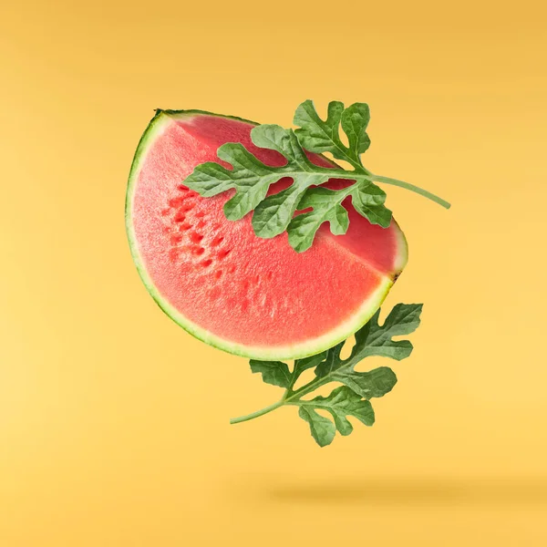 Fresh Raw Watermelon Falling Air Isolated Yellow Backgeound Food Levitation — Stockfoto