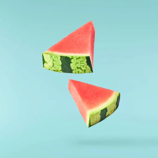 Fresh Raw Watermelon Falling Air Isolated Blue Background Food Levitation — Stok Foto