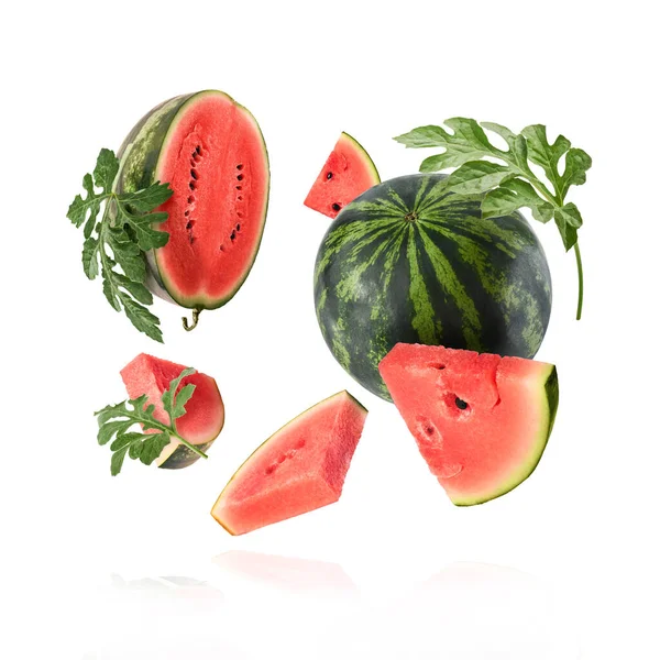 Fresh Raw Watermelon Falling Air Isolated Green Background Food Levitation Stok Foto