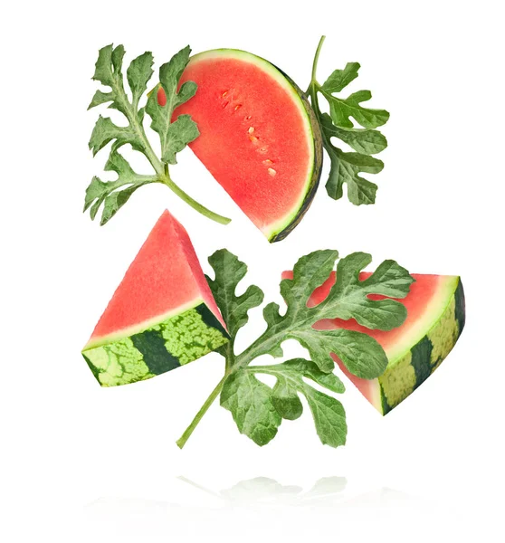 Fresh Raw Watermelon Falling Air Isolated White Background Food Levitation Stok Gambar