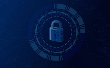 Kapalı asma kilit. Güvenlik, koruma, güvenilirlik, mahremiyet ve diğer kavramların sembolü. wirefram, pleksus, vektör, koyu mavi arkaplan, noktalar, üçgen, düşük polyester