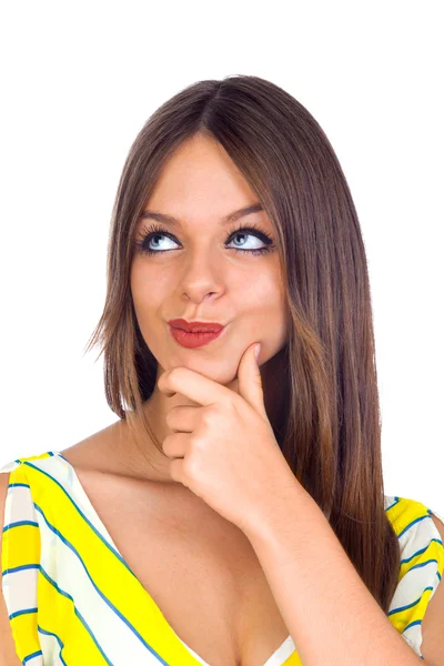 Sexy junge Frau denkt mit dem Finger am Kinn — Stockfoto
