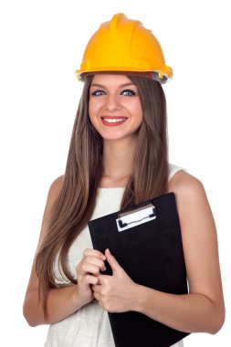 çekici bir kadın mavi gözleri ve sarı kask