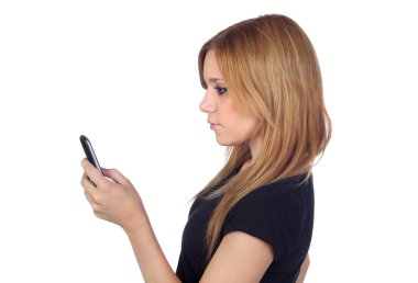 siyah gömlek cep telefonunda bir mesaj yazarak kazanan sarışın kadınla