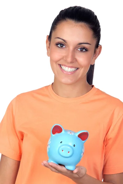 Mooie brunette vrouw met een piggy-bank — Stockfoto