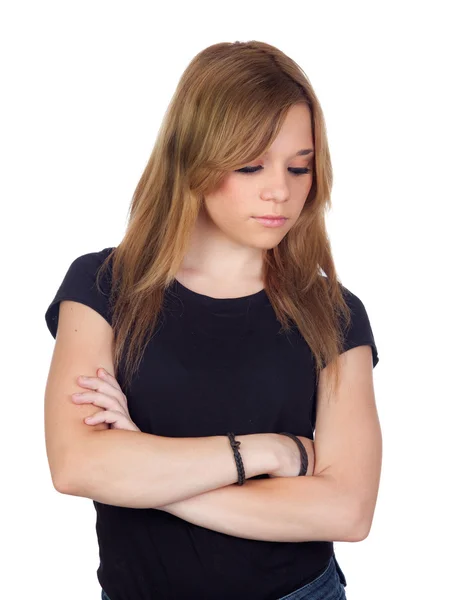 Mulher loira atraente com camisa preta triste — Fotografia de Stock