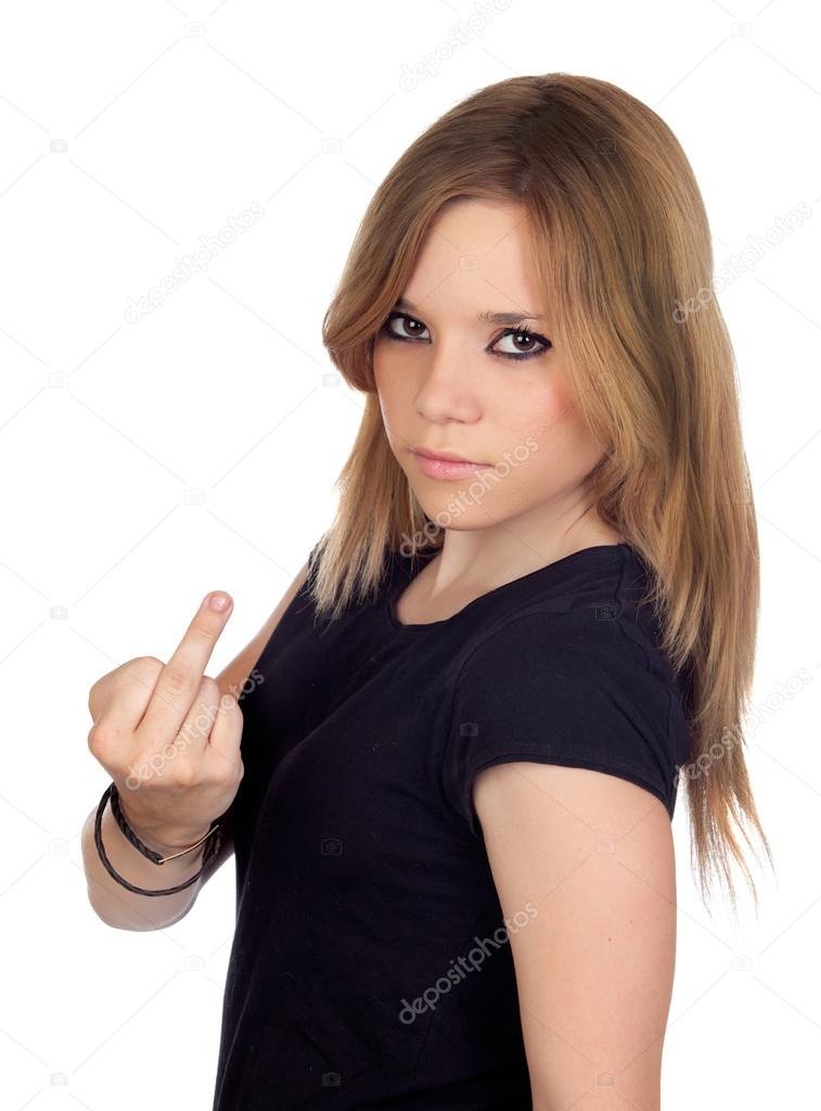 Attractive aggressive woman making an insulting gesture