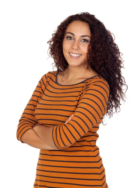 Beautiful brunette girl with striped shirt — Stock Photo, Image