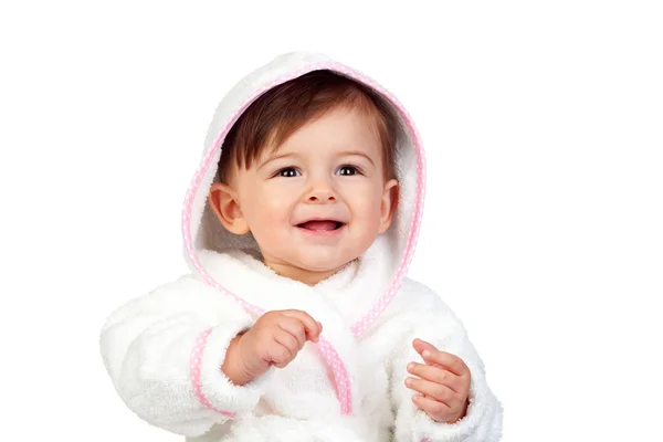 Mutlu bebek bornoz ile — Stok fotoğraf