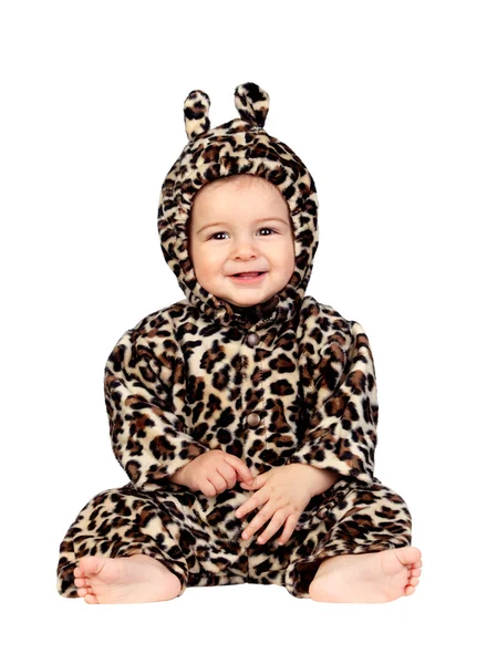 Schattige babymeisje met leopard kostuum — Stockfoto