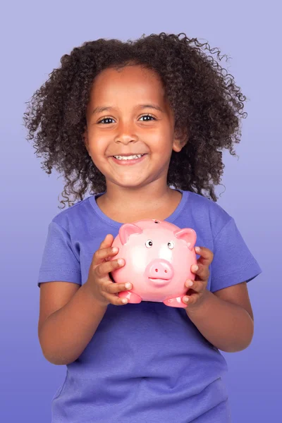 Adorável menina africana com porquinho-banco — Fotografia de Stock