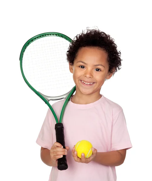 Happy latin child with a tennis racket — Stock Photo, Image
