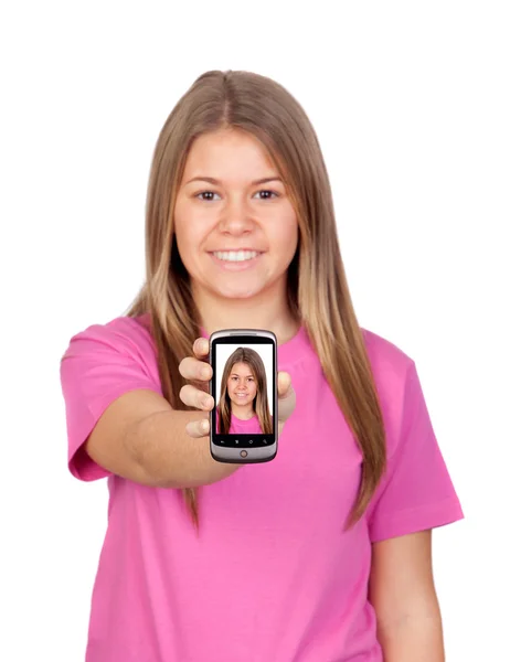 Teen with her ??picture on the mobile — Stock Photo, Image