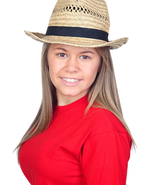 Teenager girl with a straw hat — Stock Photo, Image