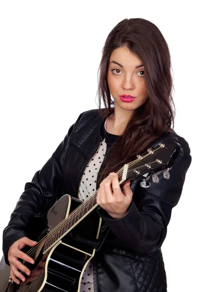 Pretty brunette girl with a guitar — Stock Photo, Image