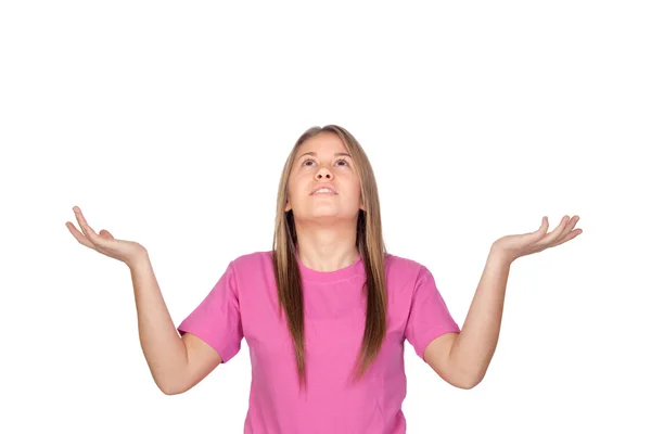 Retrato de una adolescente con los brazos extendidos y mirando hacia arriba — Foto de Stock