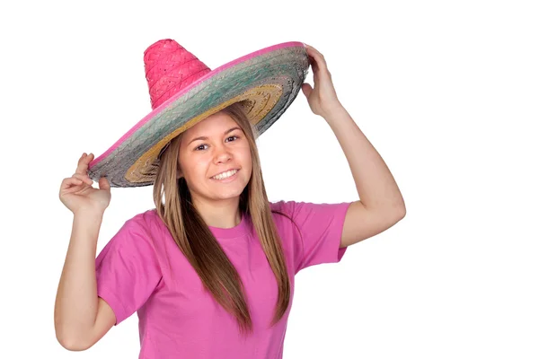 Adolescente avec un grand chapeau mexicain — Photo