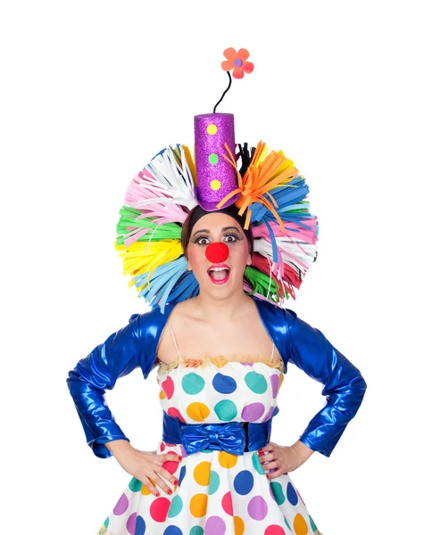 Clown ragazza sorpreso con una grande parrucca colorata — Foto Stock