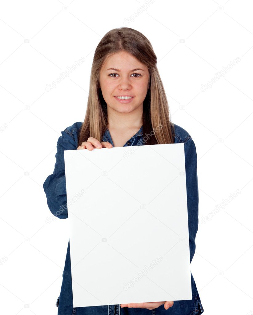 Beautiful young girl holding a blank poster for advertising