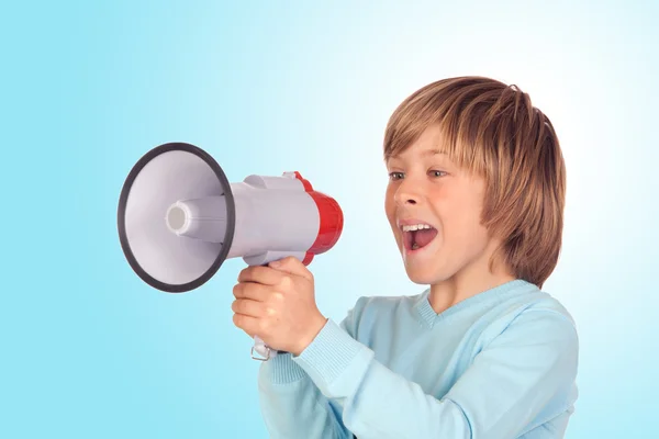 Retrato de criança adorável com um megafone — Fotografia de Stock