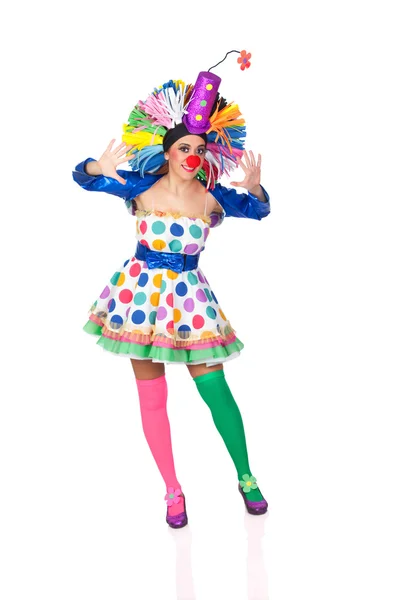 Grappig meisje clown met een grote kleurrijke pruik — Stockfoto