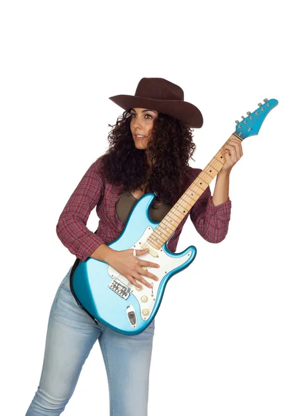 Chica atractiva con guitarra eléctrica tocando música country — Foto de Stock